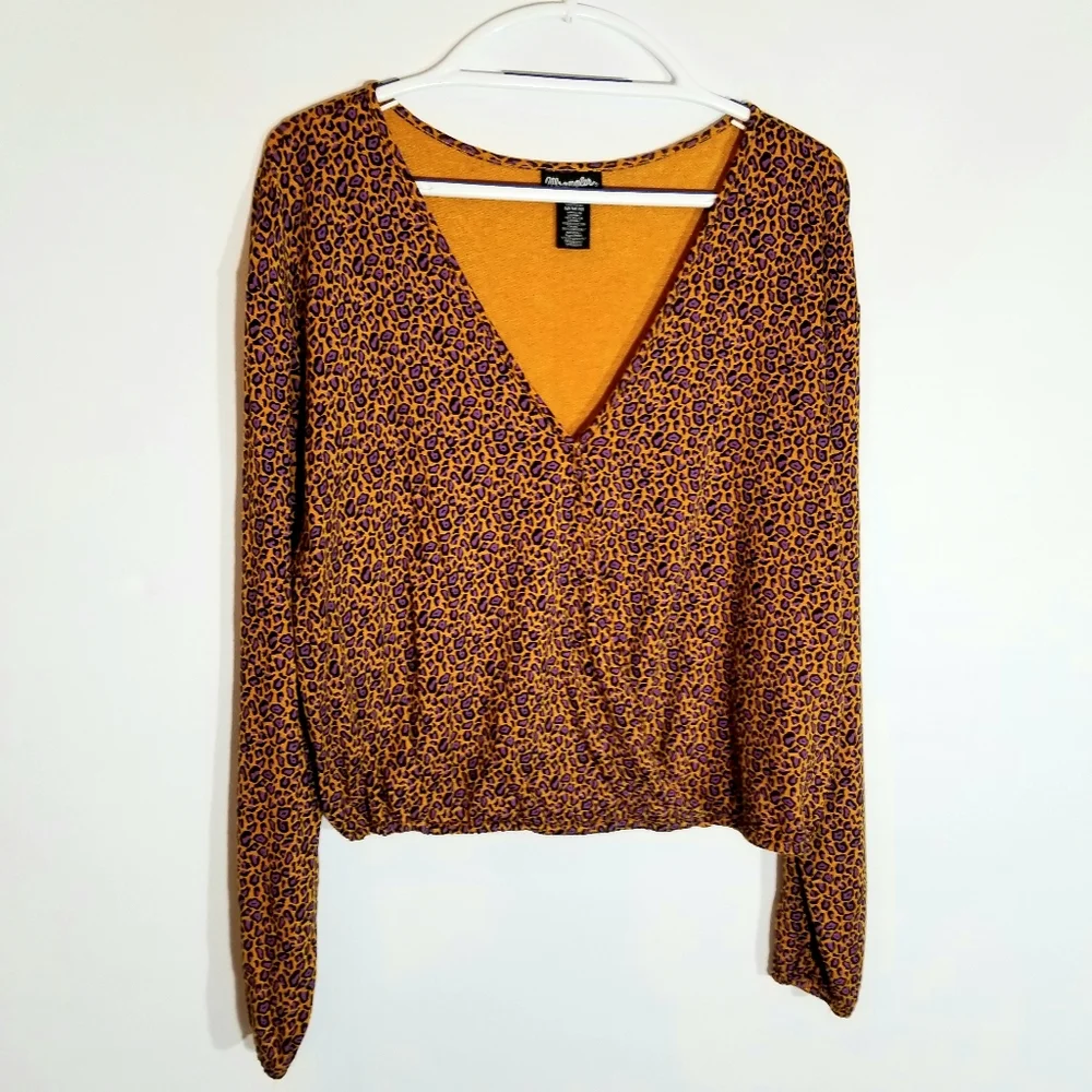 Wrangler Retro Top Womens Medium Long Sleeve Animal Print Wrap Front Purple Gold